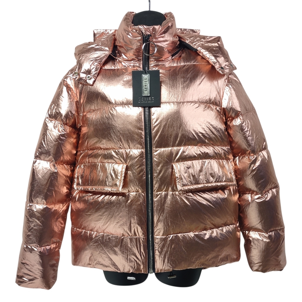 NWT Series By Nicole Benisti Metallic Pink Duck Down Hooded Puffer Jacke Size XS